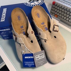Birkenstock Soft Footbed Taupe Suede Clogs